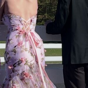 Strapless Pink Floral Lace-Up Evening Gown/ prom dress